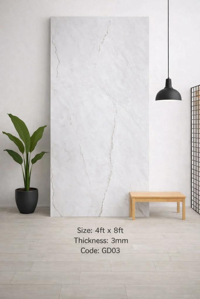 Soft white marble backsplash panel GD03 — grout-free Calgary installation