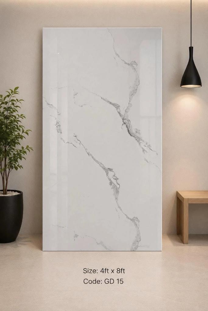 White marble backsplash panel GD 15 — seamless Calgary kitchen refacing