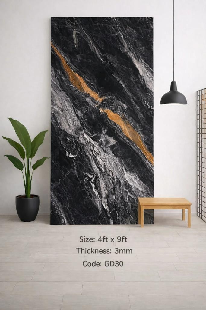 Black marble with bold copper gold vein backsplash panel GD 30 — Calgary kitchen
