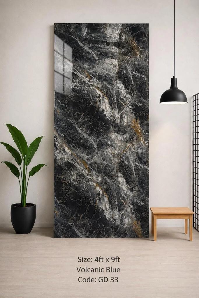 Dark volcanic black marble with gold veining backsplash panel GD 33 — Calgary
