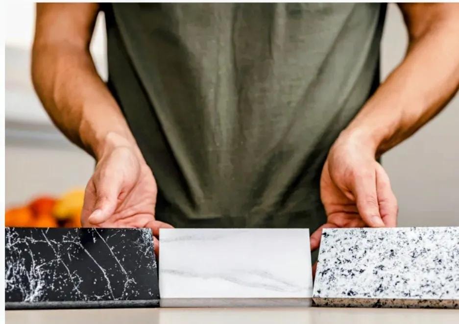 Epoxy countertop design samples — black marble, white marble and granite finishes Calgary