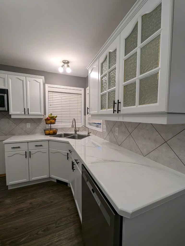White kitchen epoxy countertop refinishing Calgary — white cabinets
