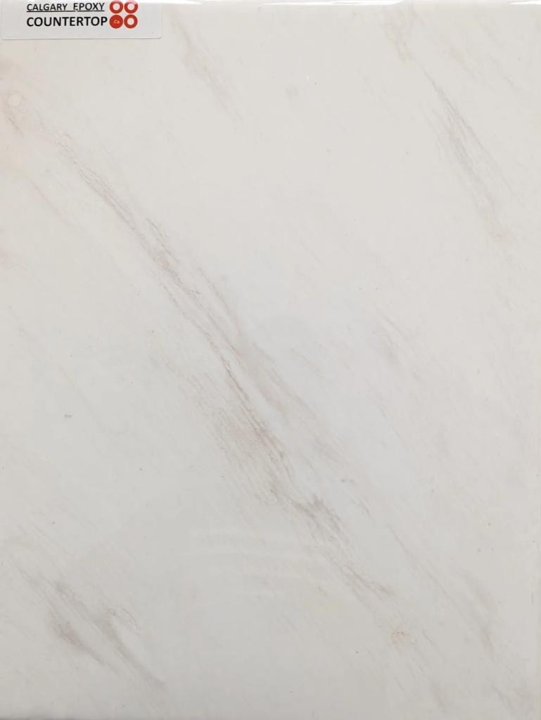 Epoxy countertop sample — warm white with rose veining Calgary