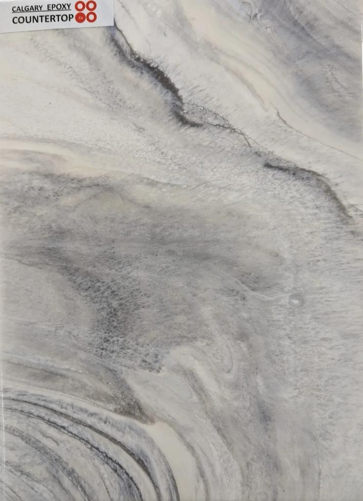 Epoxy countertop sample — grey storm marble swirl Calgary
