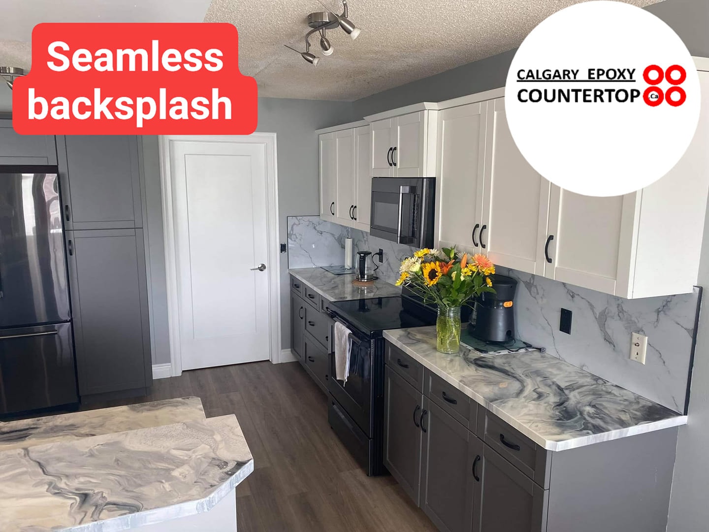 Seamless marble-look backsplash refacing Calgary kitchen