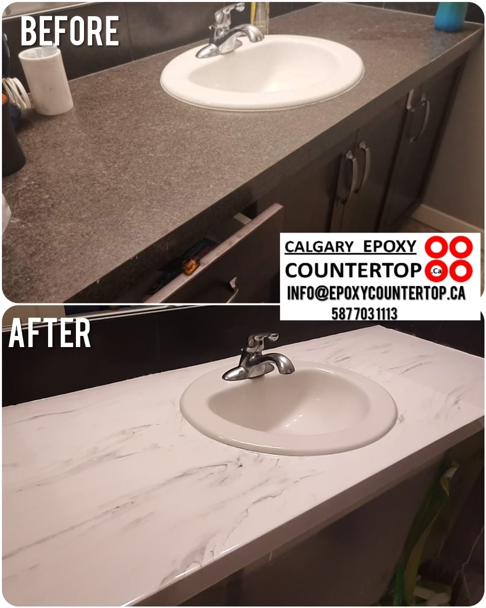 Bathroom vanity marble-look countertop refinishing Calgary