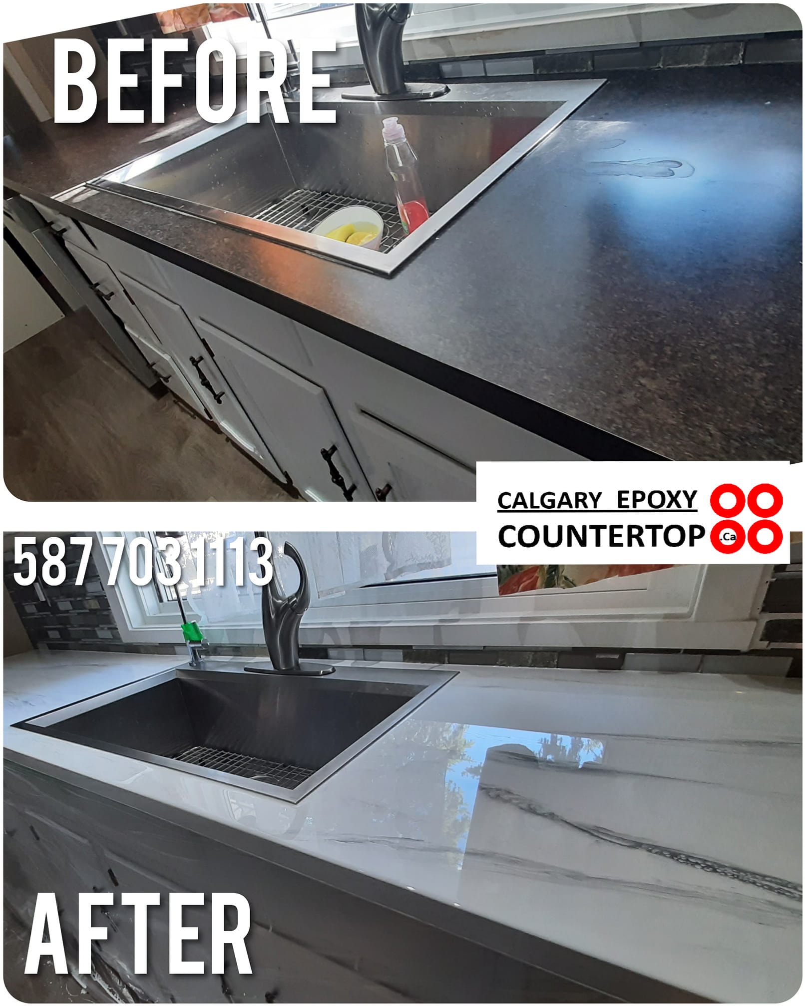 Kitchen countertop transformation from dark to white marble Calgary