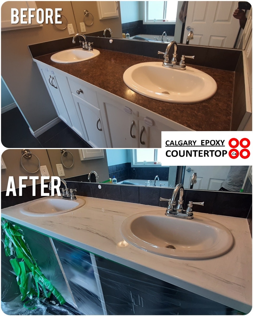 Double-sink bathroom vanity countertop refacing Calgary
