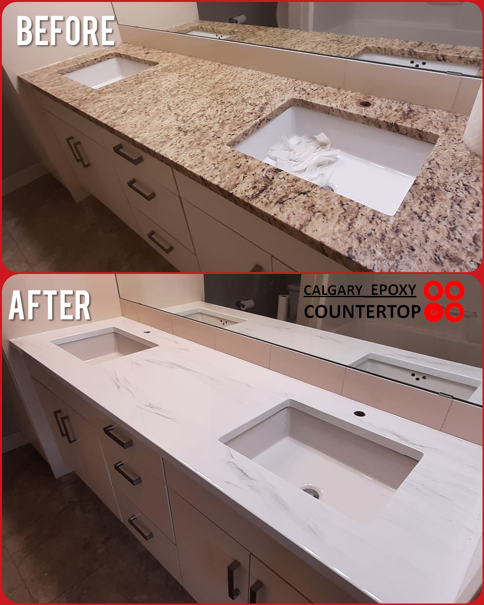 Double-sink granite vanity to white marble countertop reface Calgary