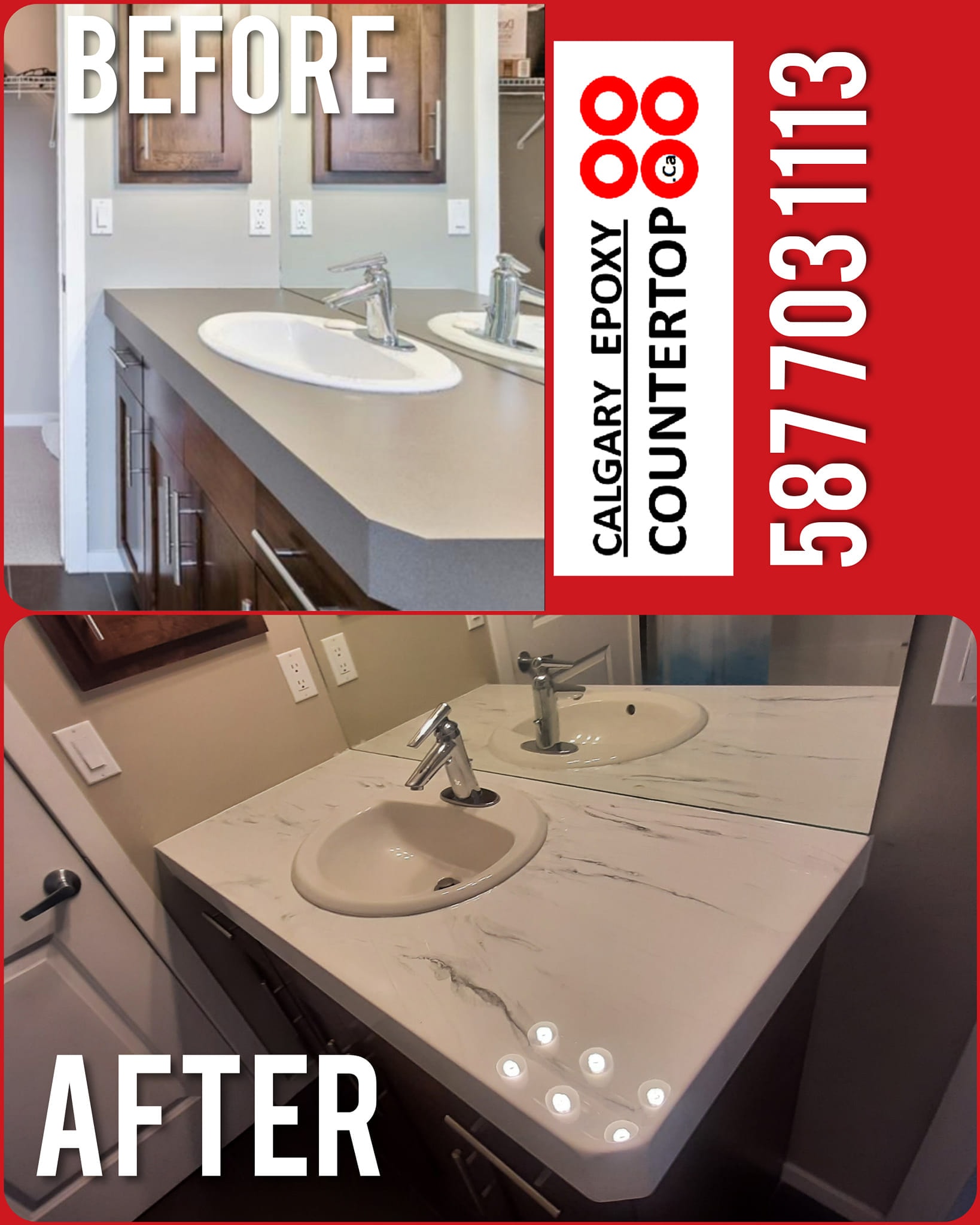 Bathroom vanity countertop refacing before and after Calgary