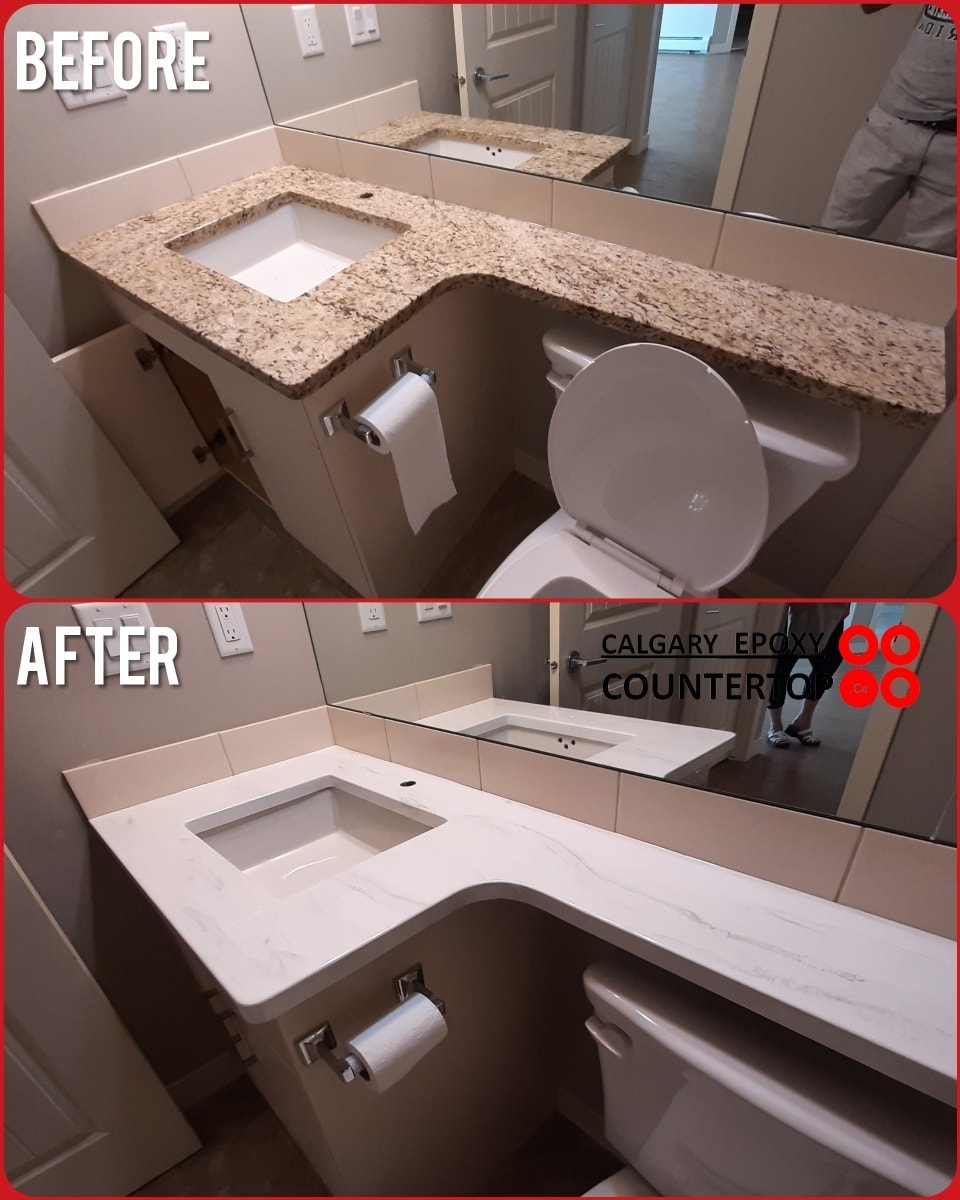 Granite bathroom countertop refinishing to white marble look Calgary