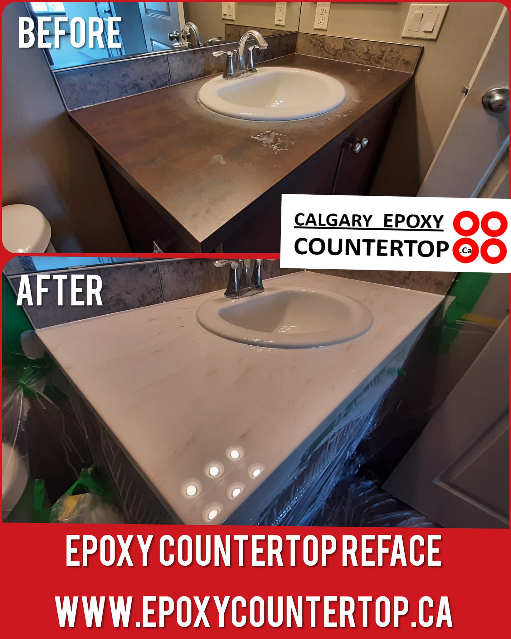 Bathroom vanity countertop resurfacing before and after Calgary