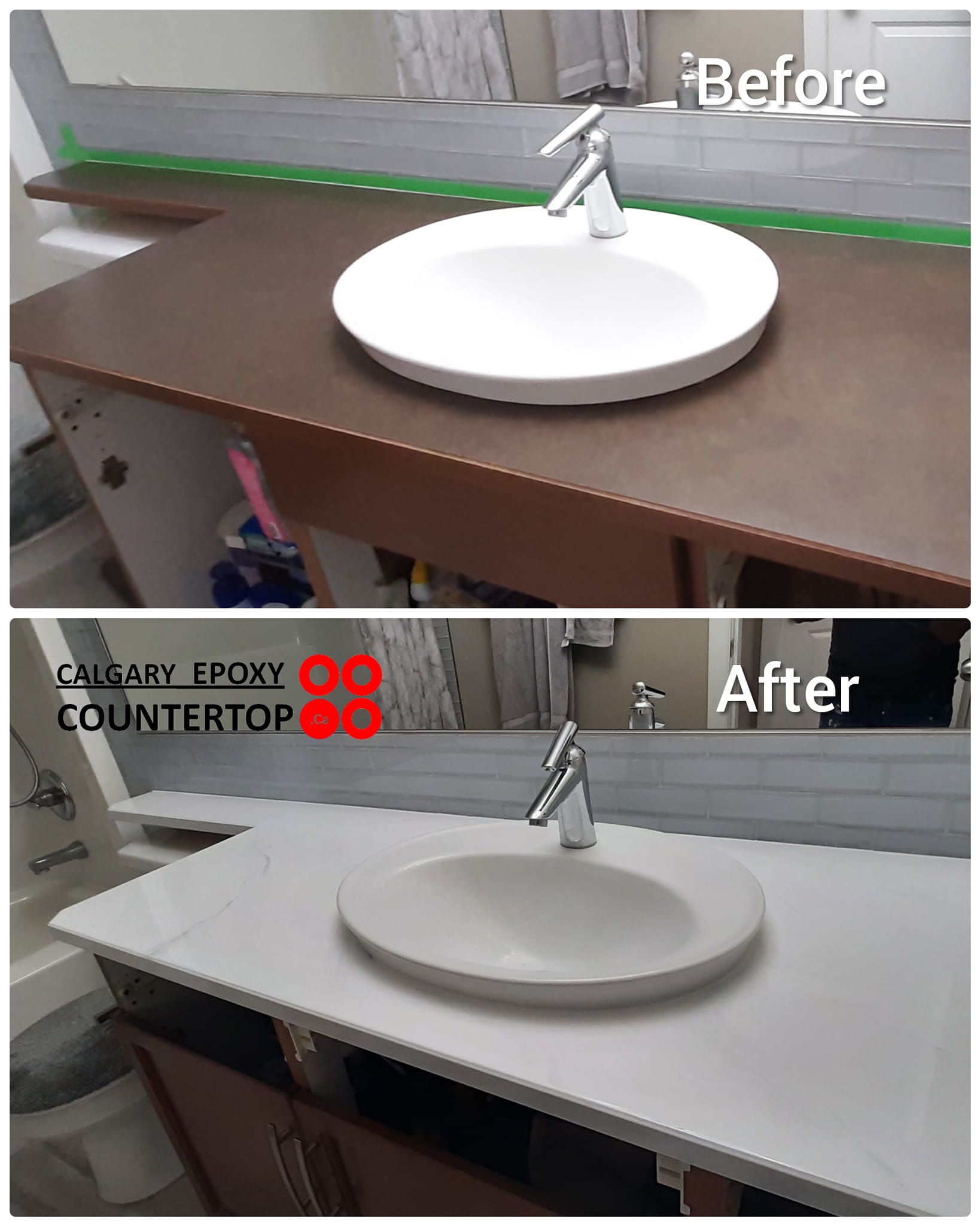 Dark bathroom vanity transformed with white countertop Calgary