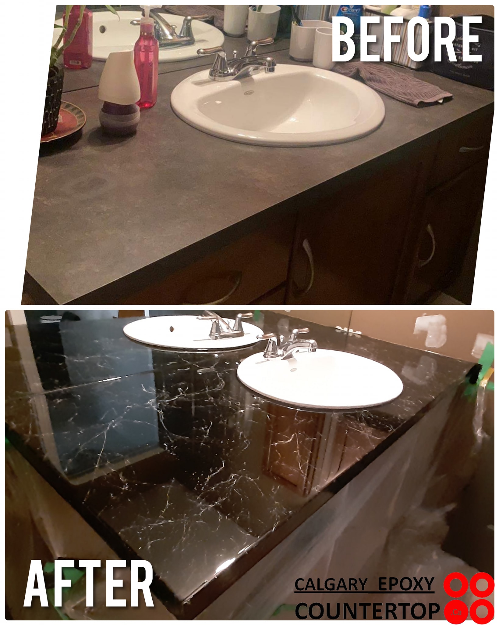 Bathroom vanity countertop refinishing dark marble finish Calgary