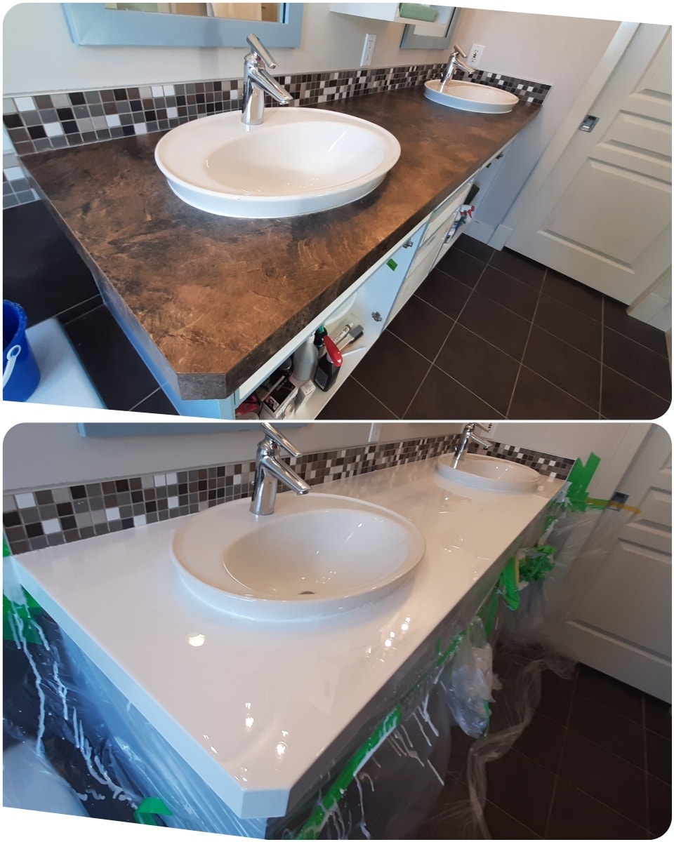 Bathroom vanity countertop before after renovation Calgary