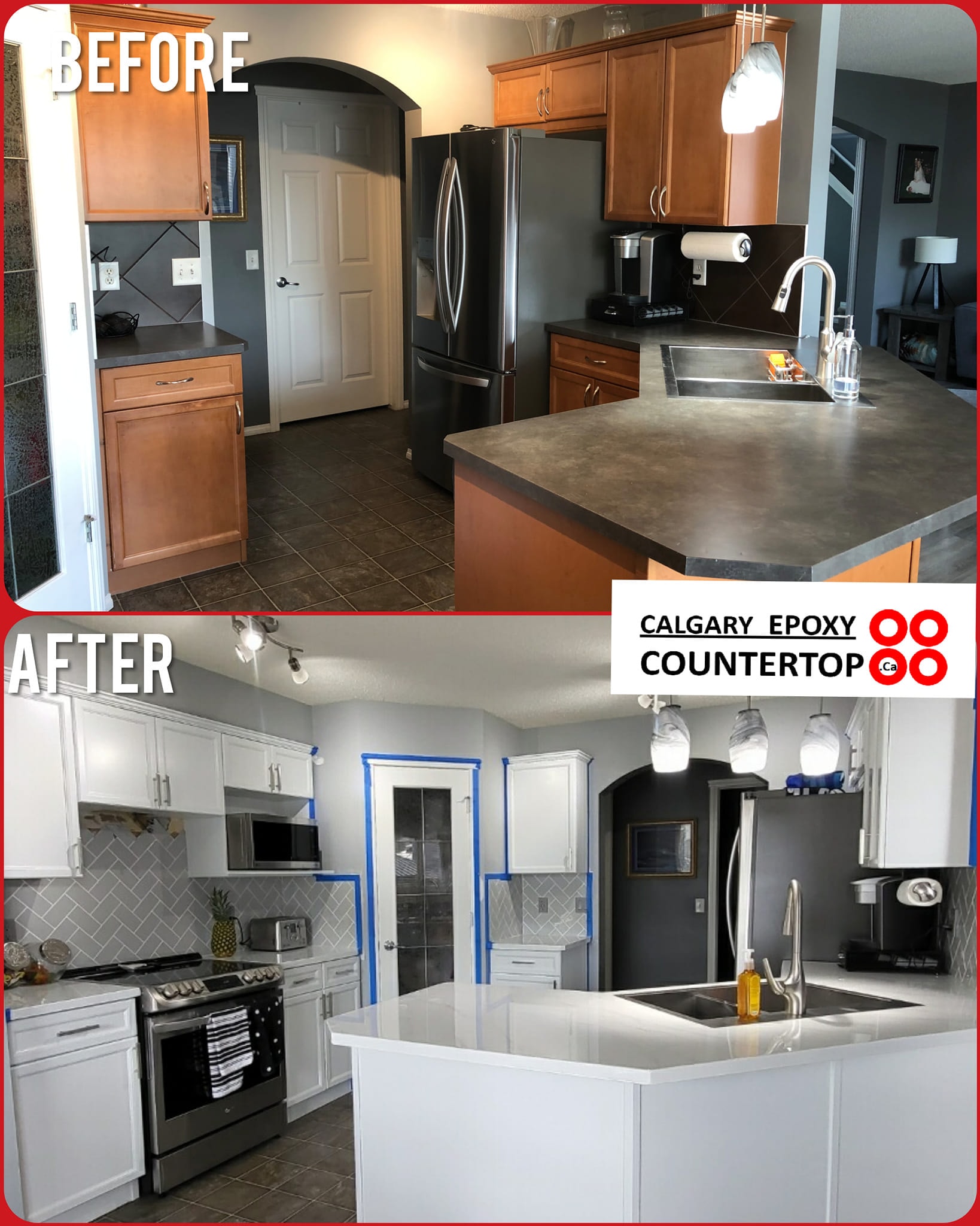 Kitchen renovation and cabinet painting before and after Calgary