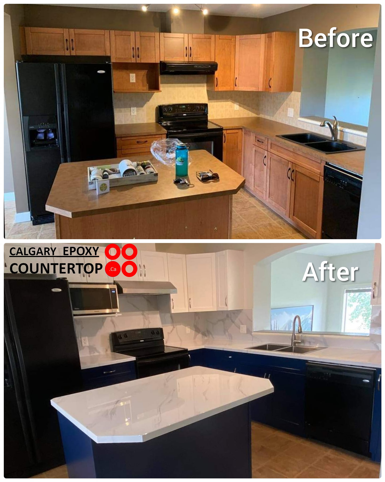 Navy and white kitchen cabinet painting before and after Calgary
