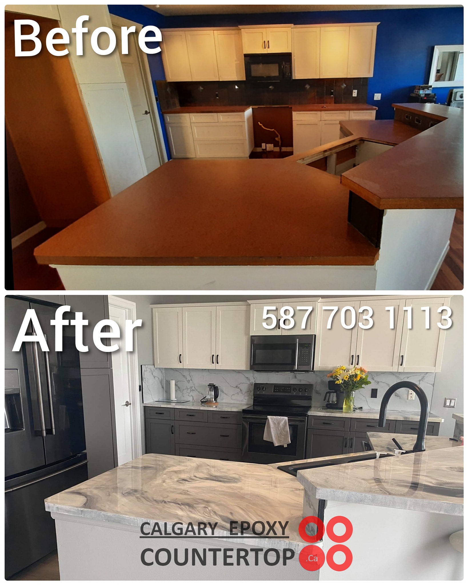 White and charcoal kitchen cabinet painting before and after Calgary