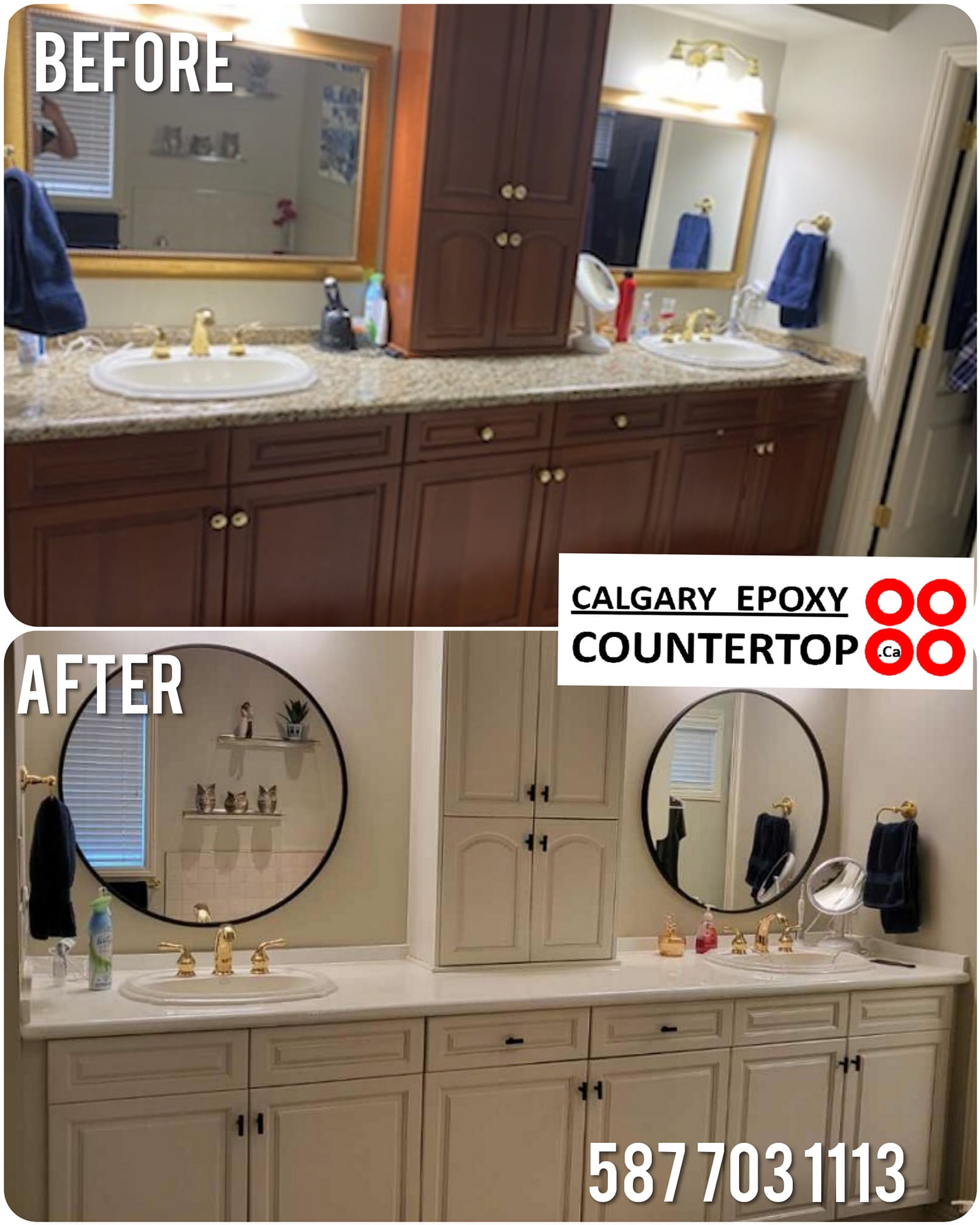 Bathroom cabinet painting transformation before and after Calgary