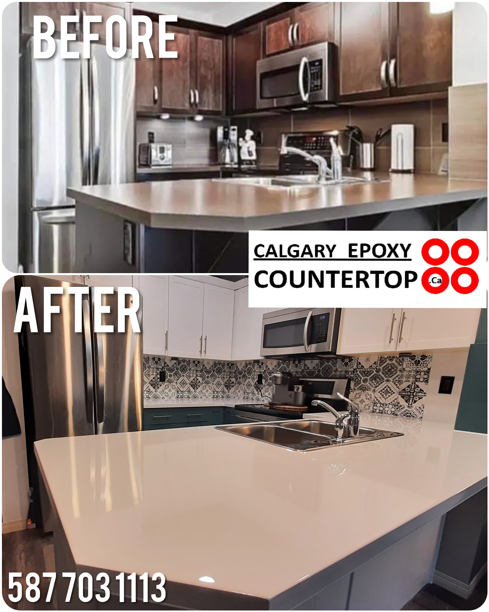 White kitchen cabinet refinishing before and after Calgary