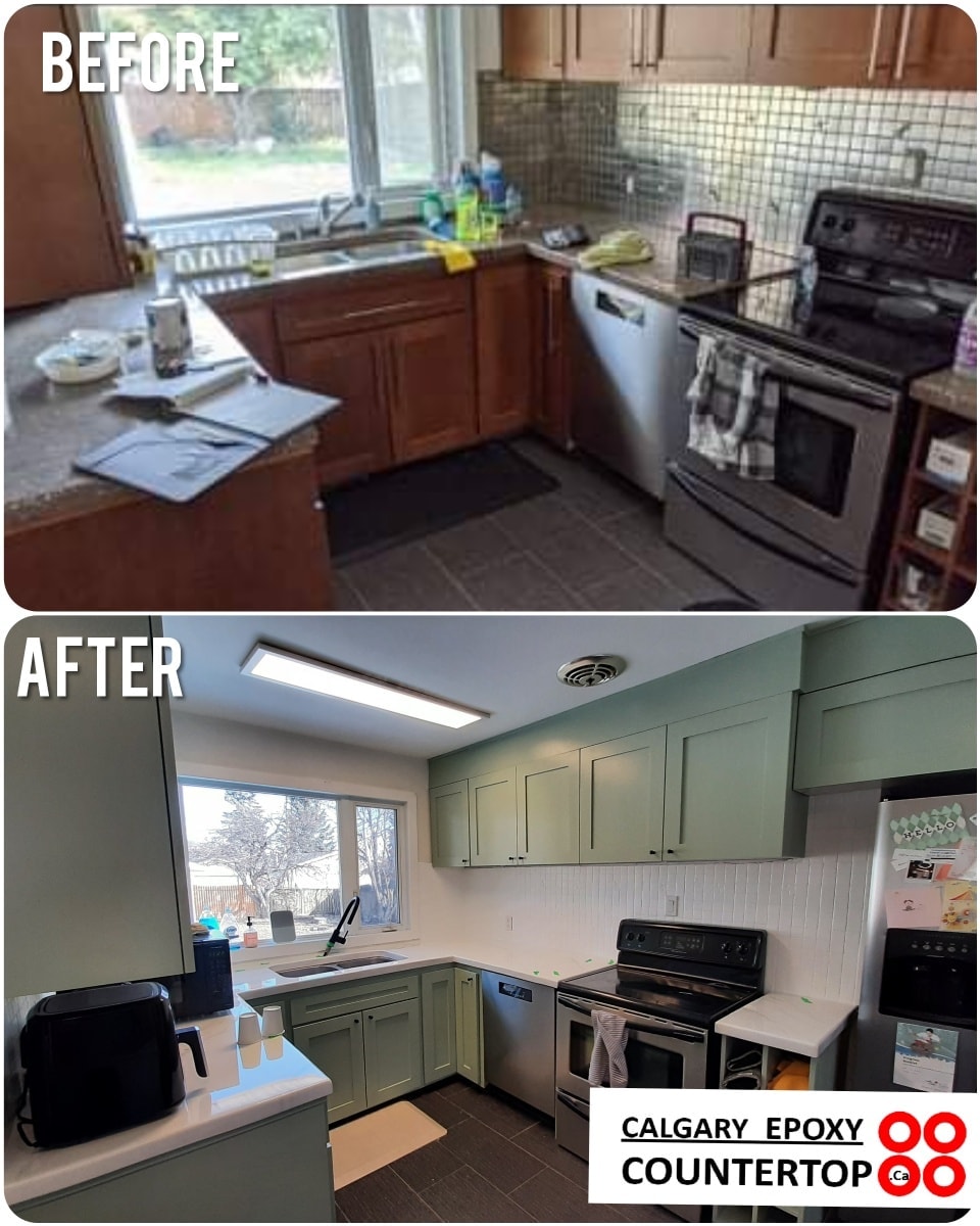 Sage green kitchen cabinet painting before and after Calgary