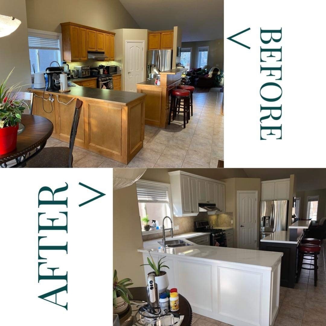 Wood to white kitchen cabinet painting transformation Calgary