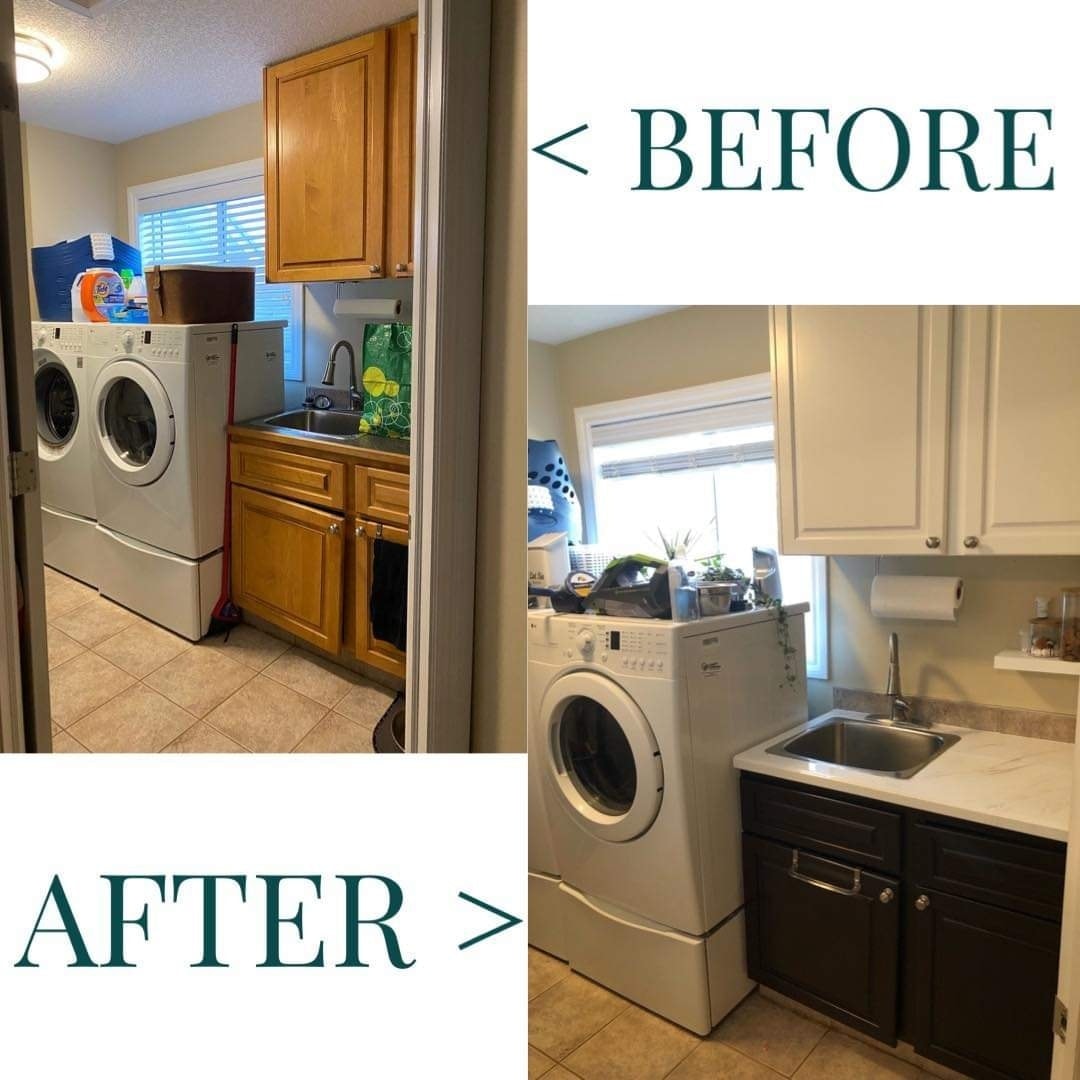 Laundry room cabinet painting before and after Calgary