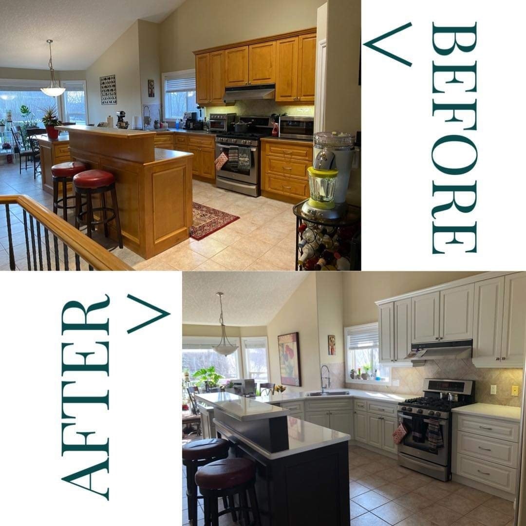 Light grey kitchen cabinet painting before and after Calgary