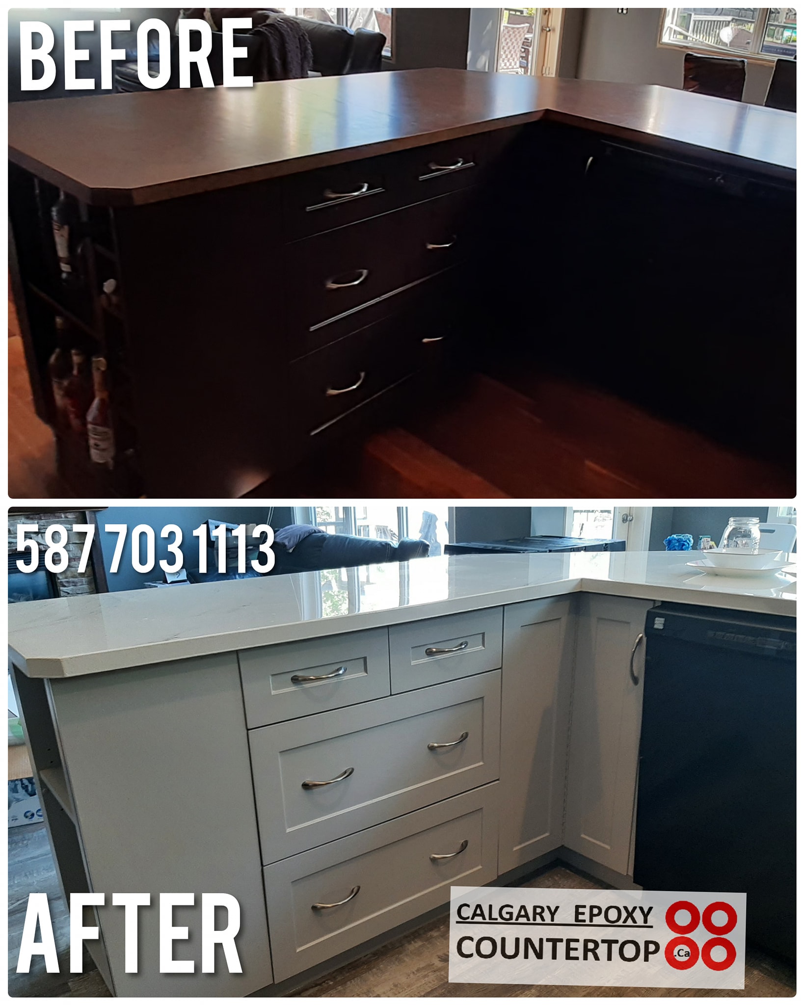 Light grey kitchen cabinet refinishing before and after Calgary