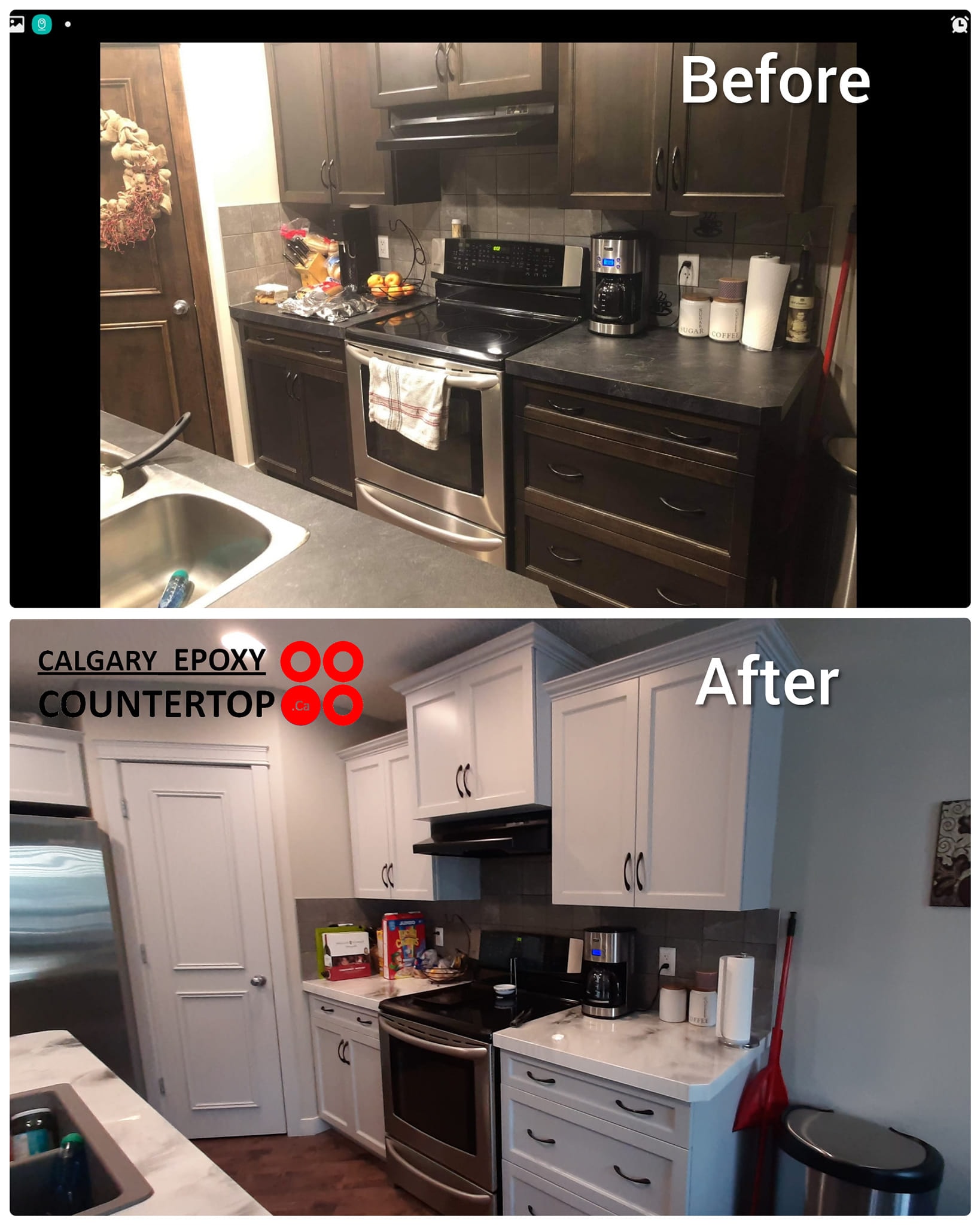 Dark to white kitchen cabinet painting before and after Calgary