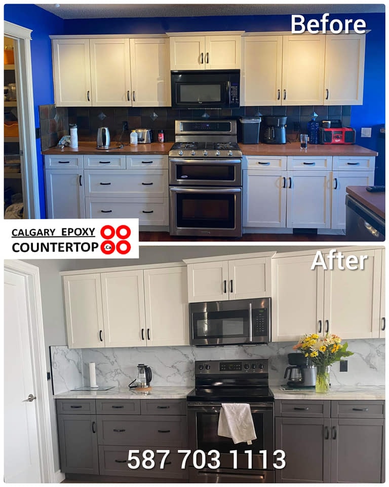 White and charcoal kitchen cabinet painting before and after Calgary