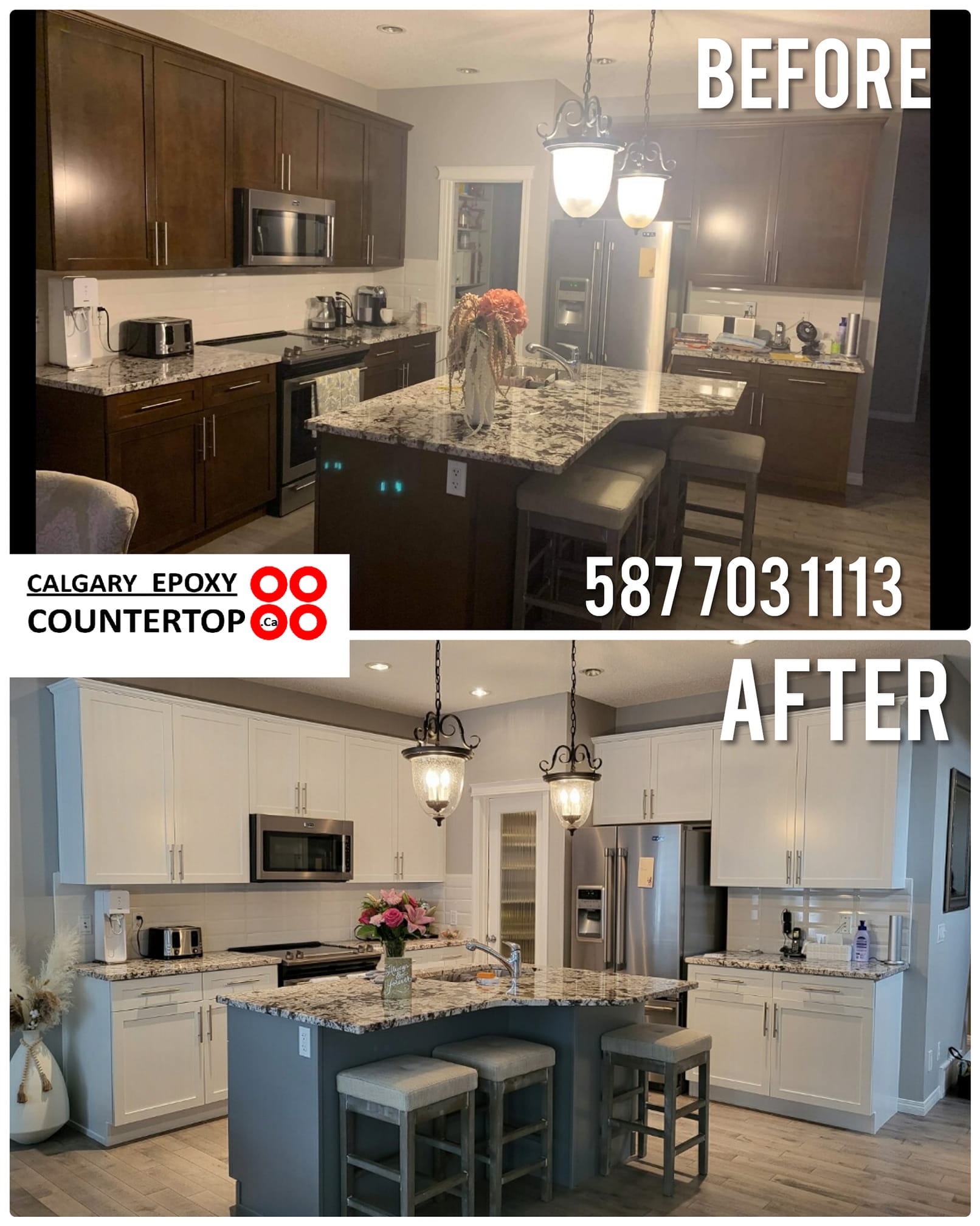 Dark wood to white kitchen cabinet painting transformation Calgary