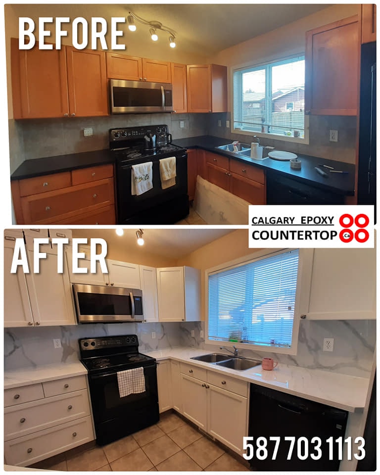 Warm wood to white kitchen cabinet painting before and after Calgary