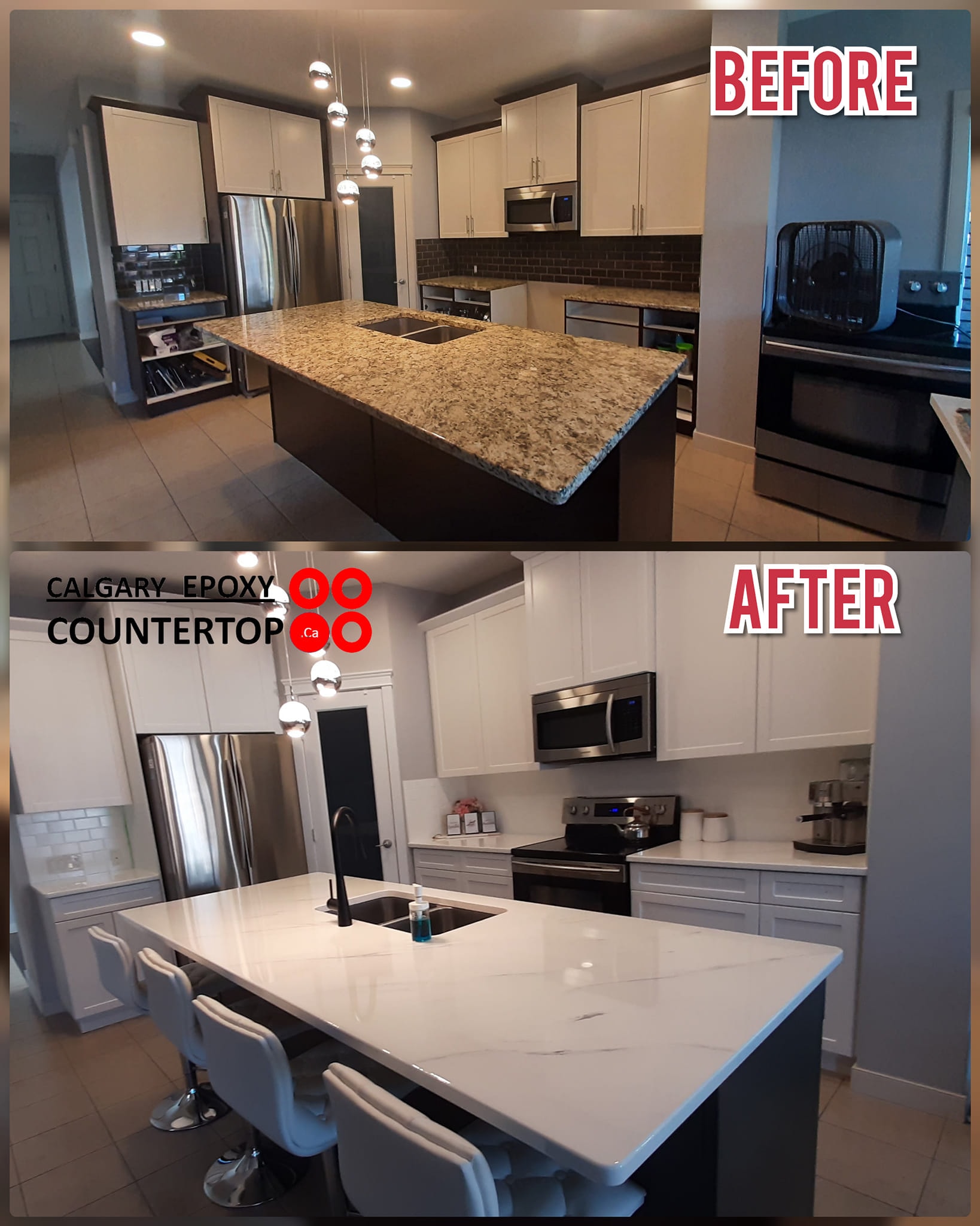 Kitchen cabinet painting and countertop refinishing before and after Calgary