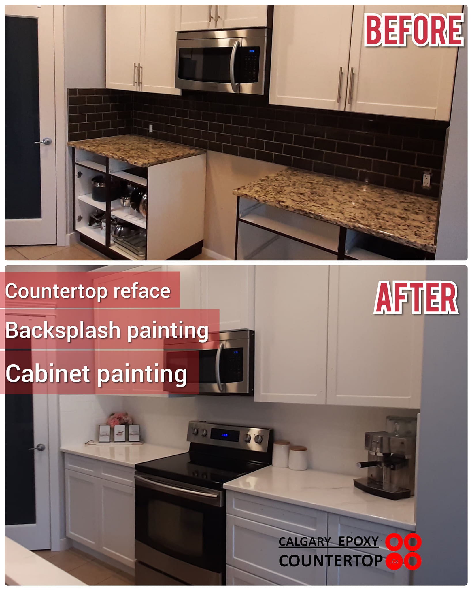 Kitchen cabinet and countertop renovation before and after Calgary