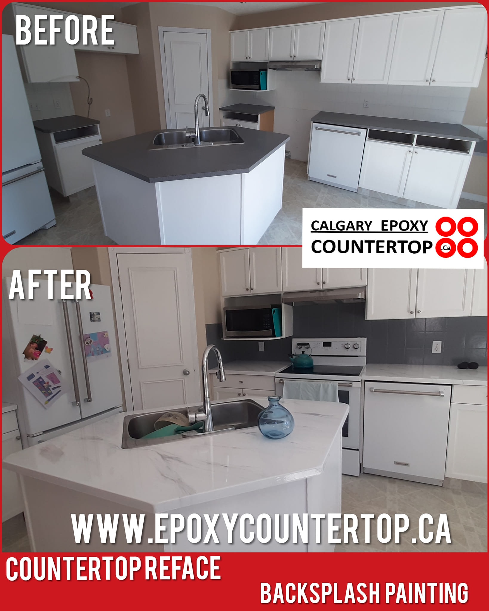 Kitchen cabinet and countertop renovation before and after Calgary