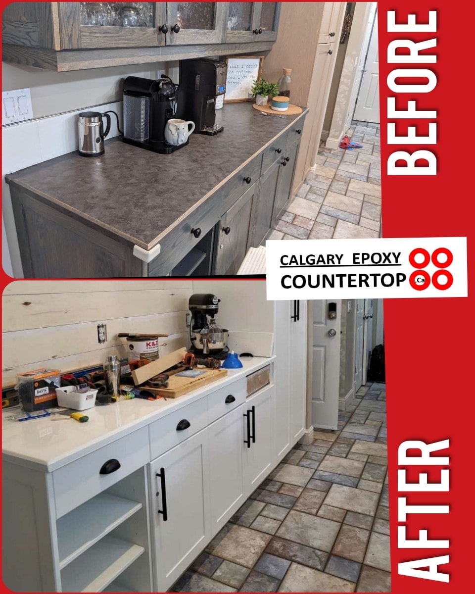 Kitchen cabinet refinishing before and after Calgary
