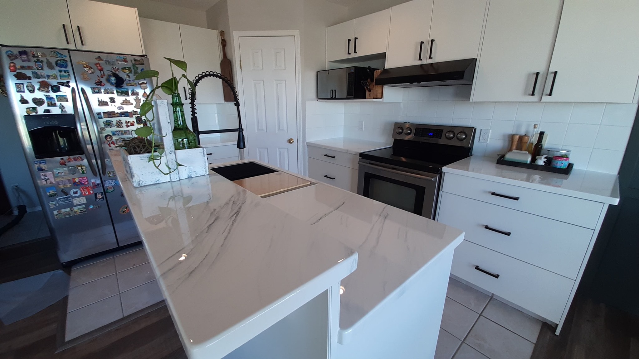 White kitchen island epoxy countertop reface Calgary