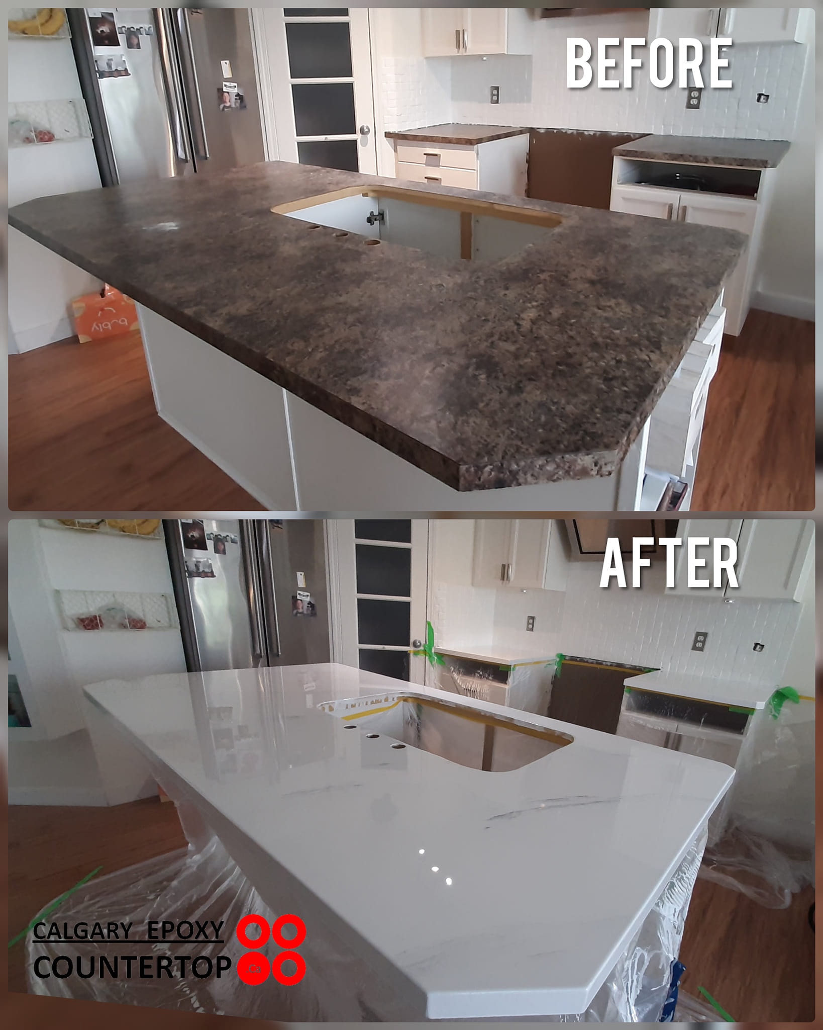 Glossy white countertop refacing before and after Calgary
