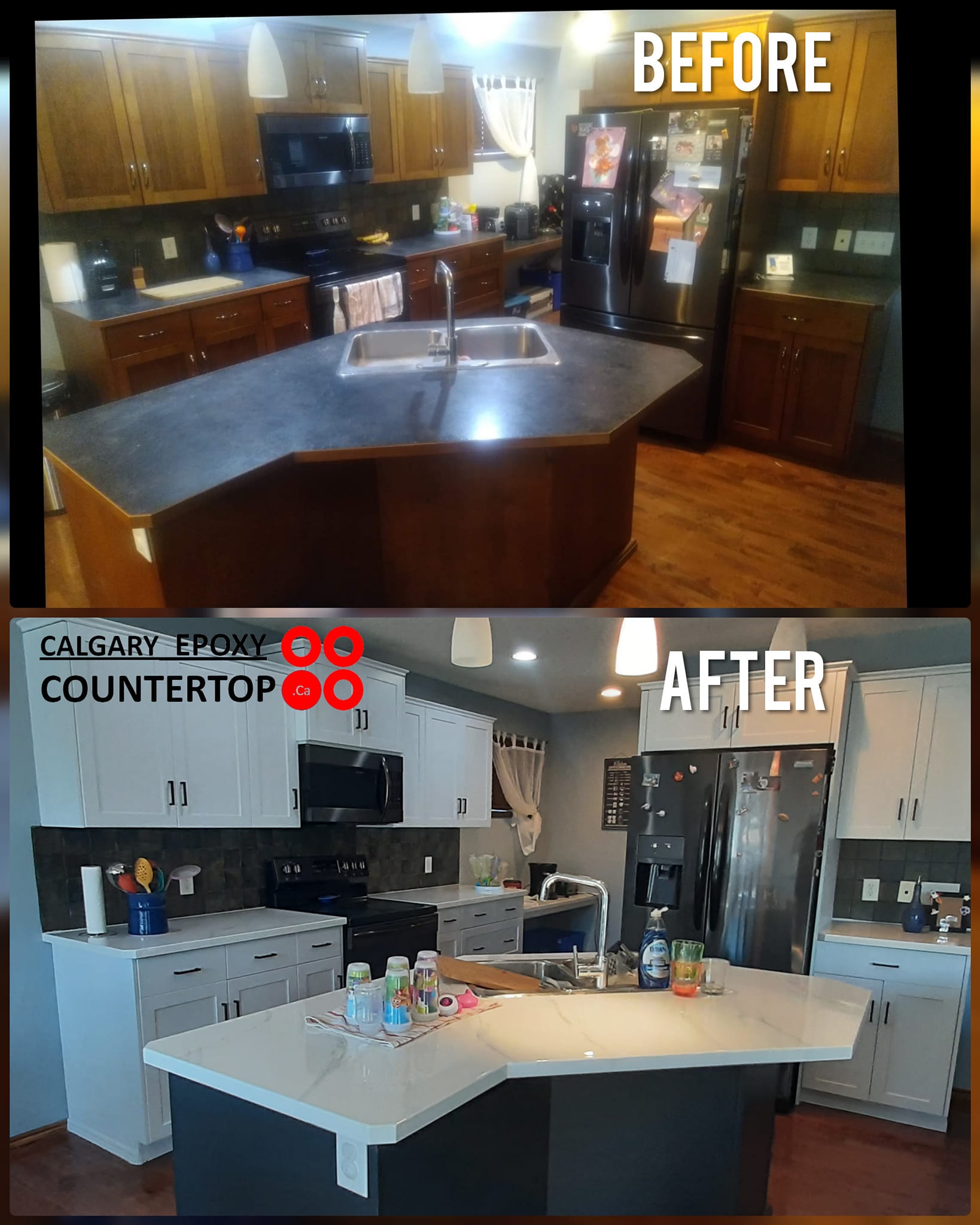 Kitchen counter transformation from dark to light marble Calgary