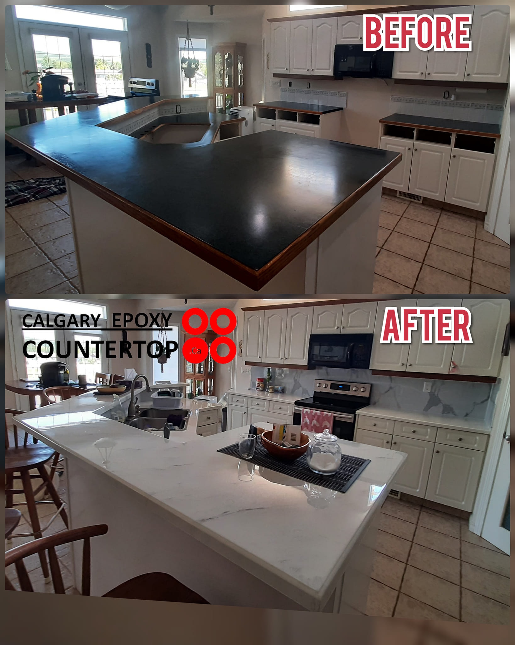 Kitchen island marble-look countertop before and after Calgary
