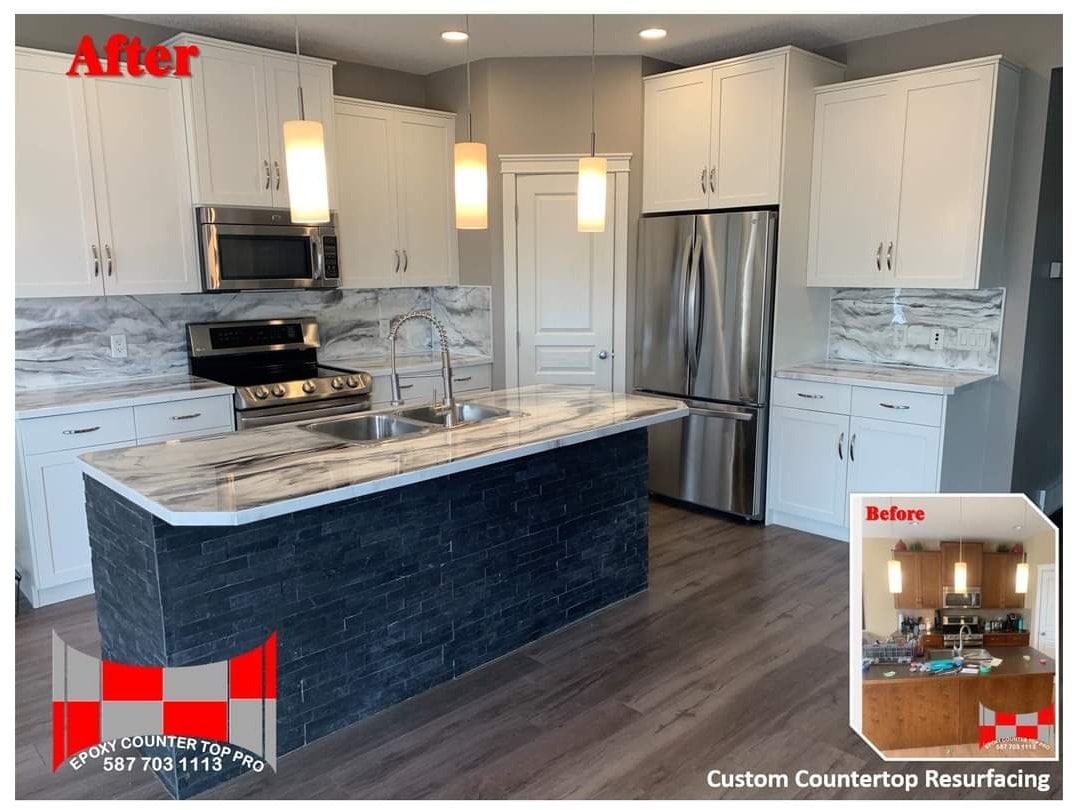 White marble-look kitchen countertop resurfacing Calgary