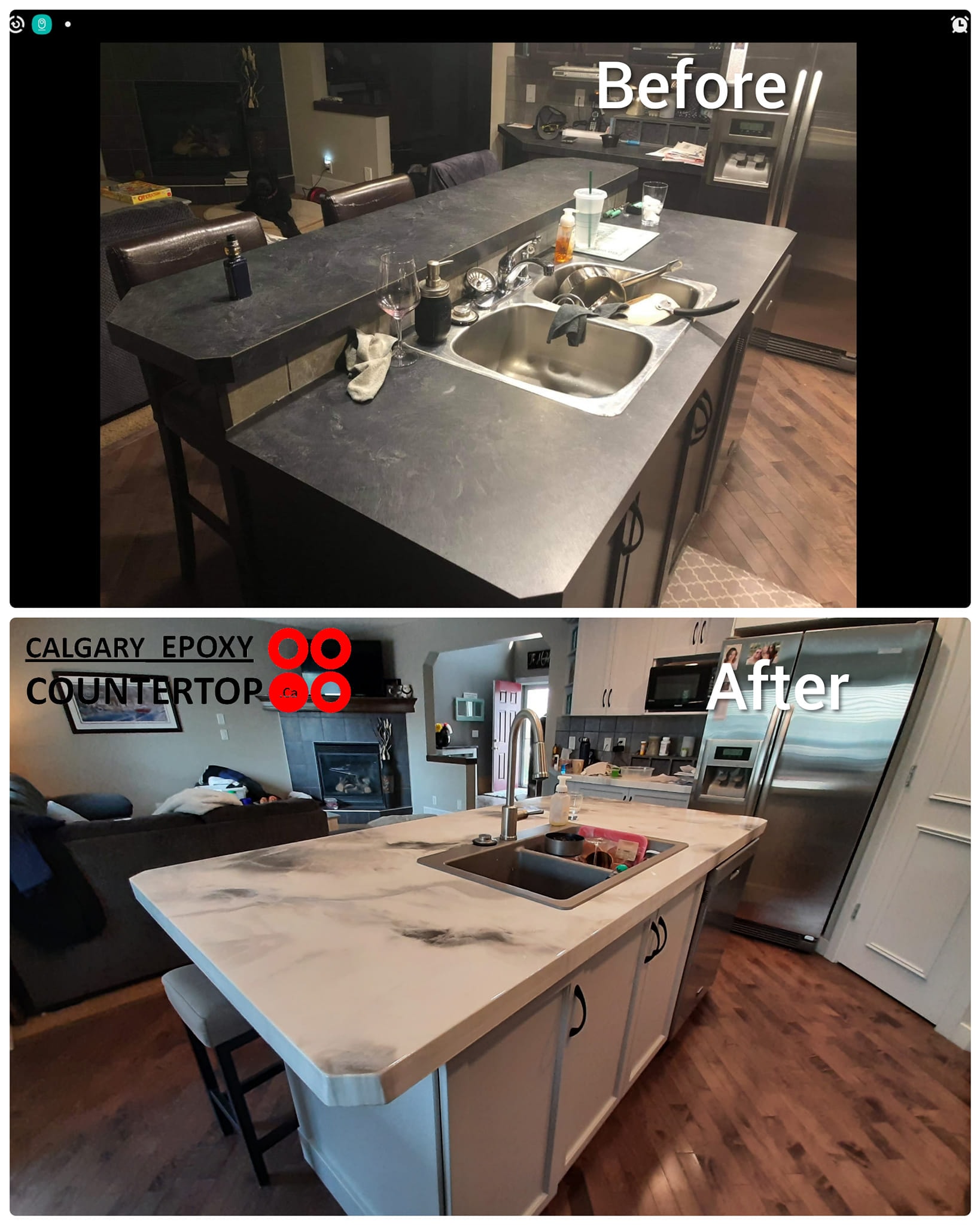 Custom countertop resurfacing before and after Calgary kitchen