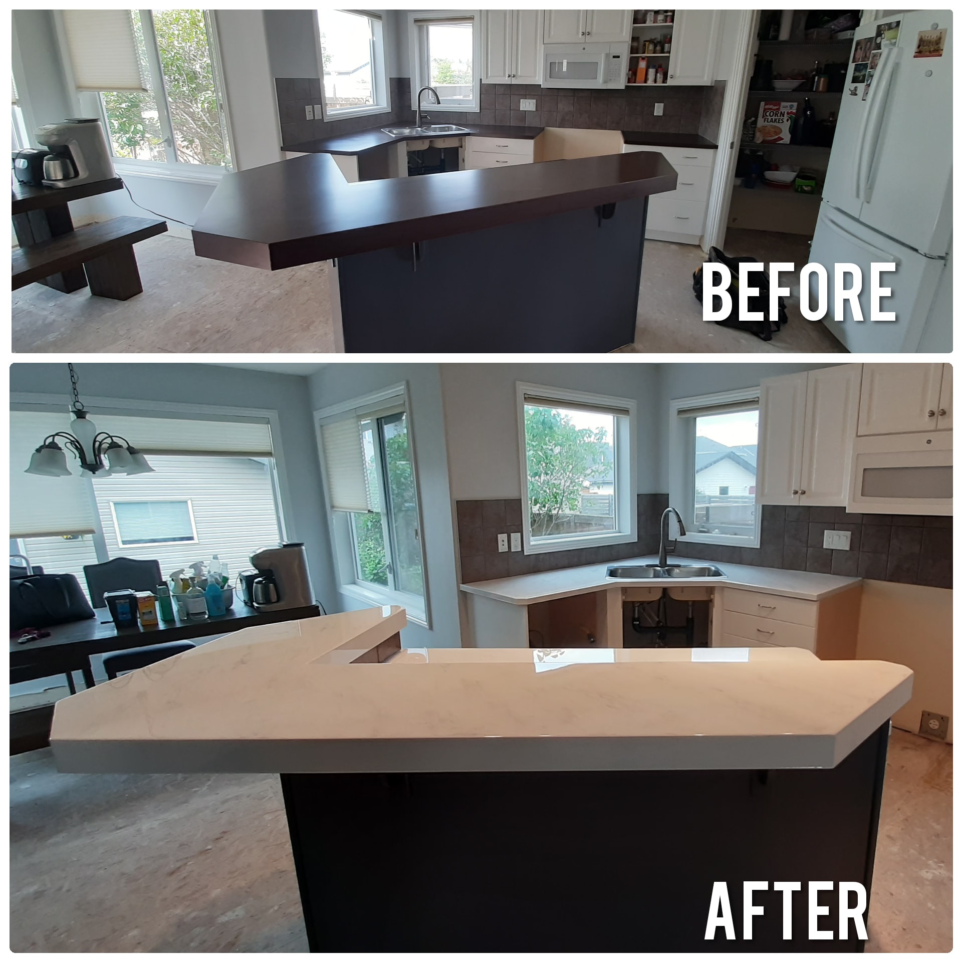 Kitchen island countertop resurfacing before and after Calgary