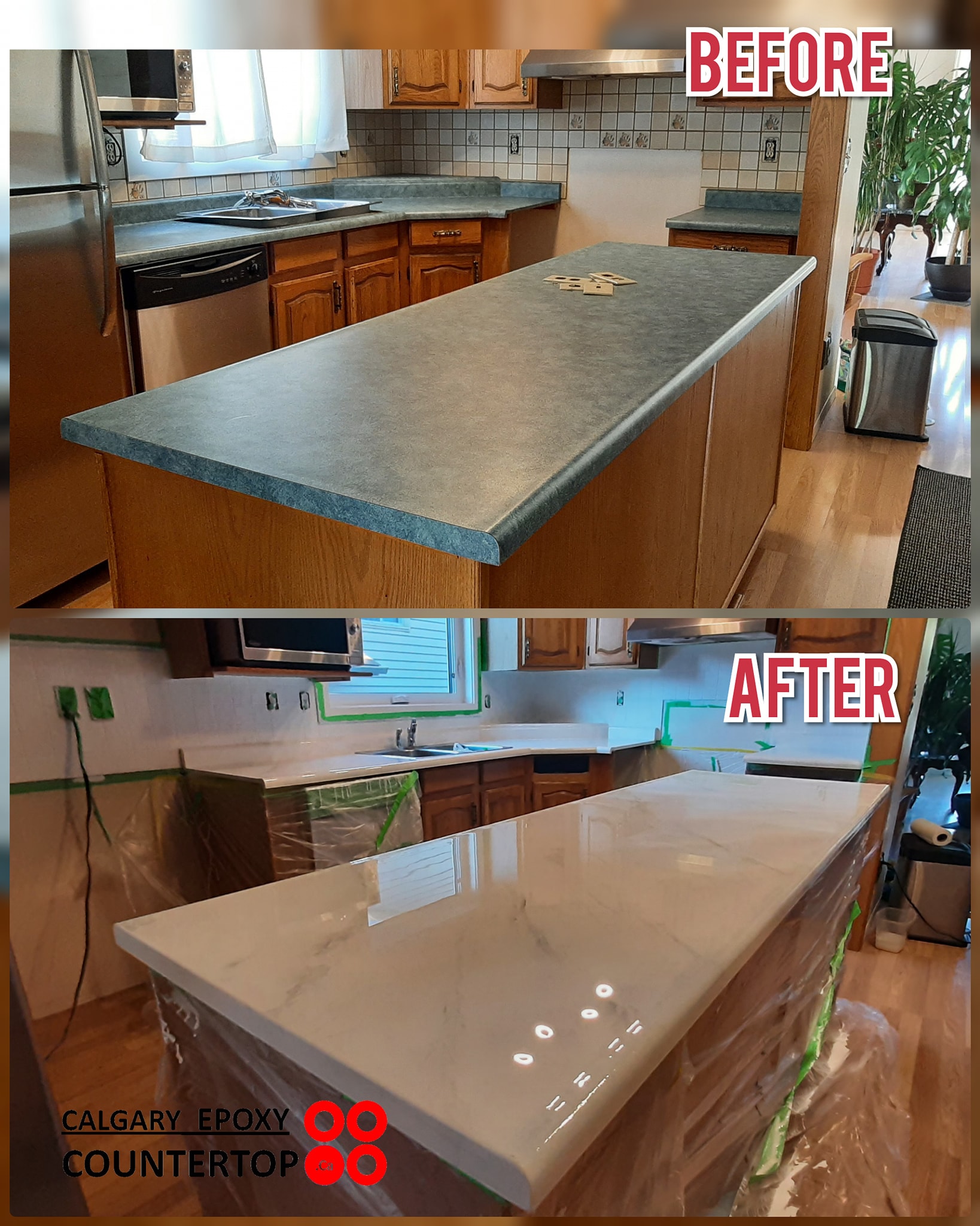 Marble-look island countertop reface Calgary kitchen renovation