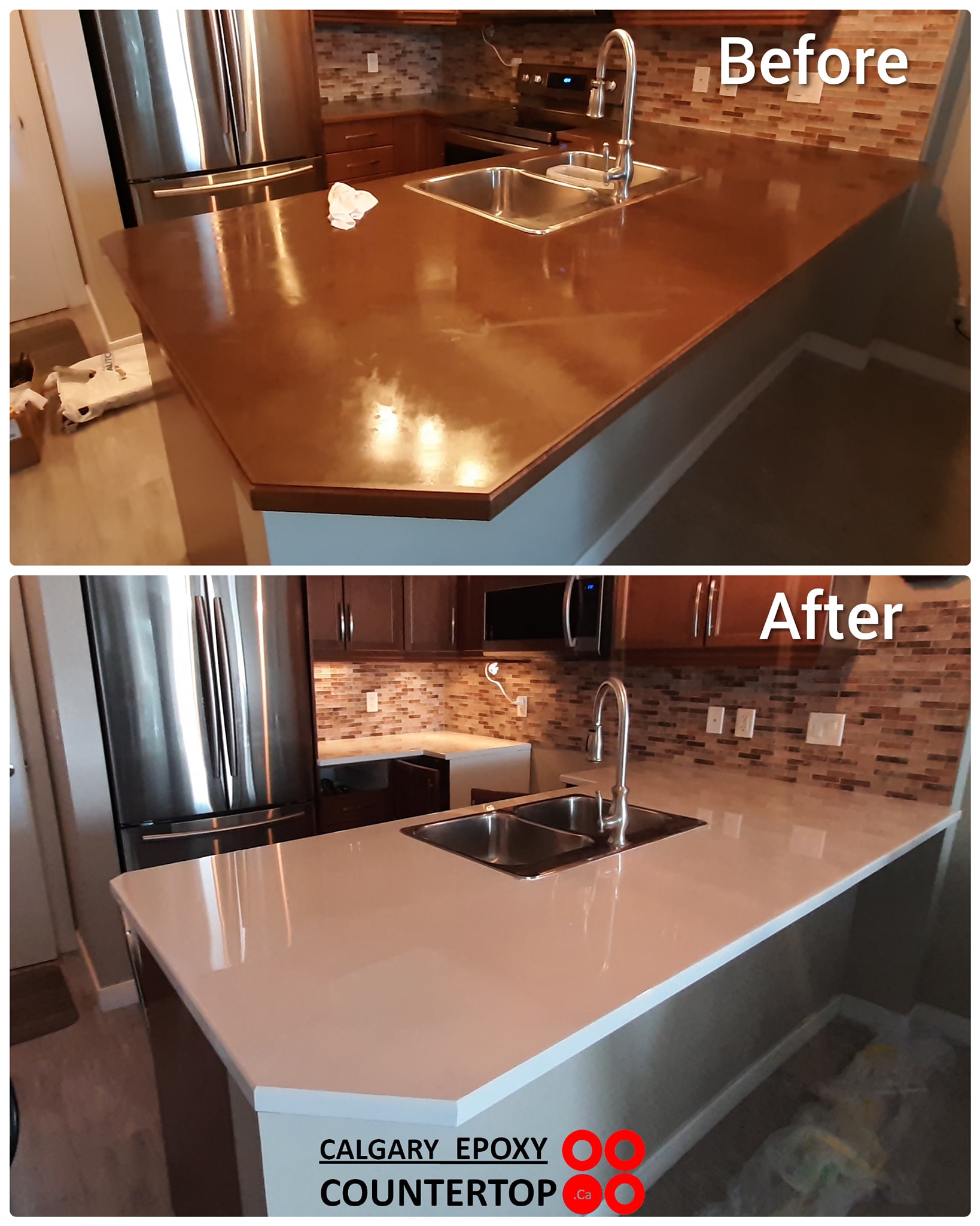 White epoxy sink countertop transformation before and after Calgary