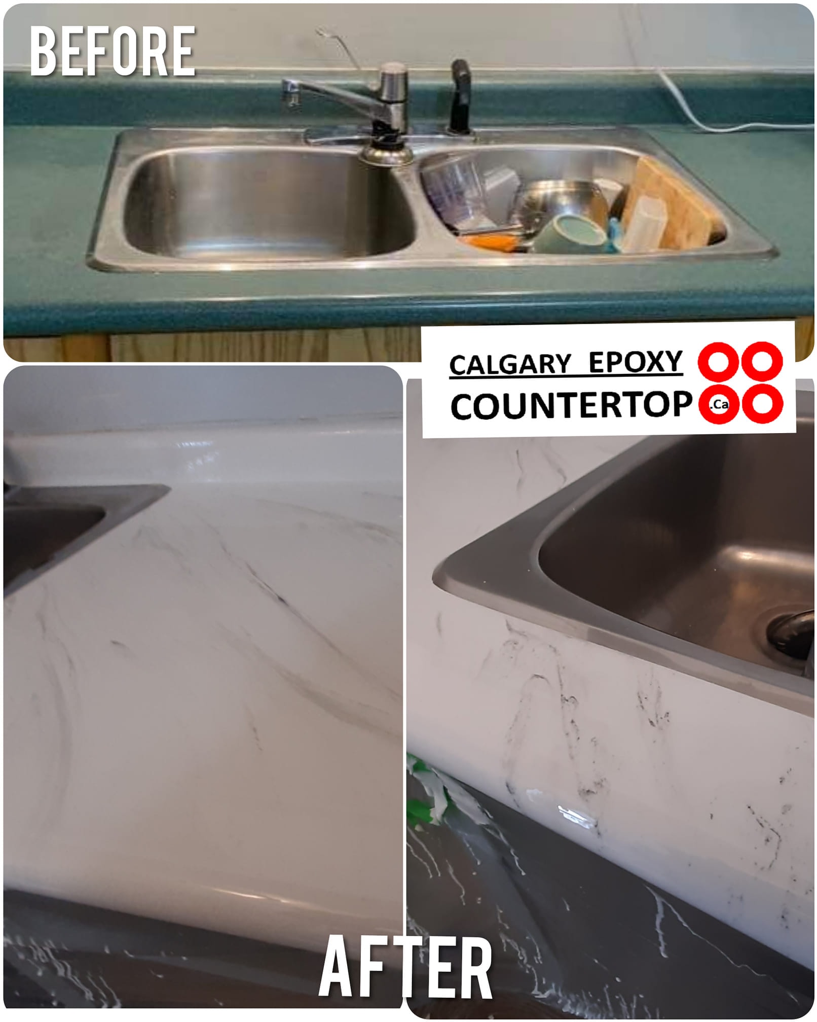 Kitchen sink epoxy countertop resurfacing before and after Calgary