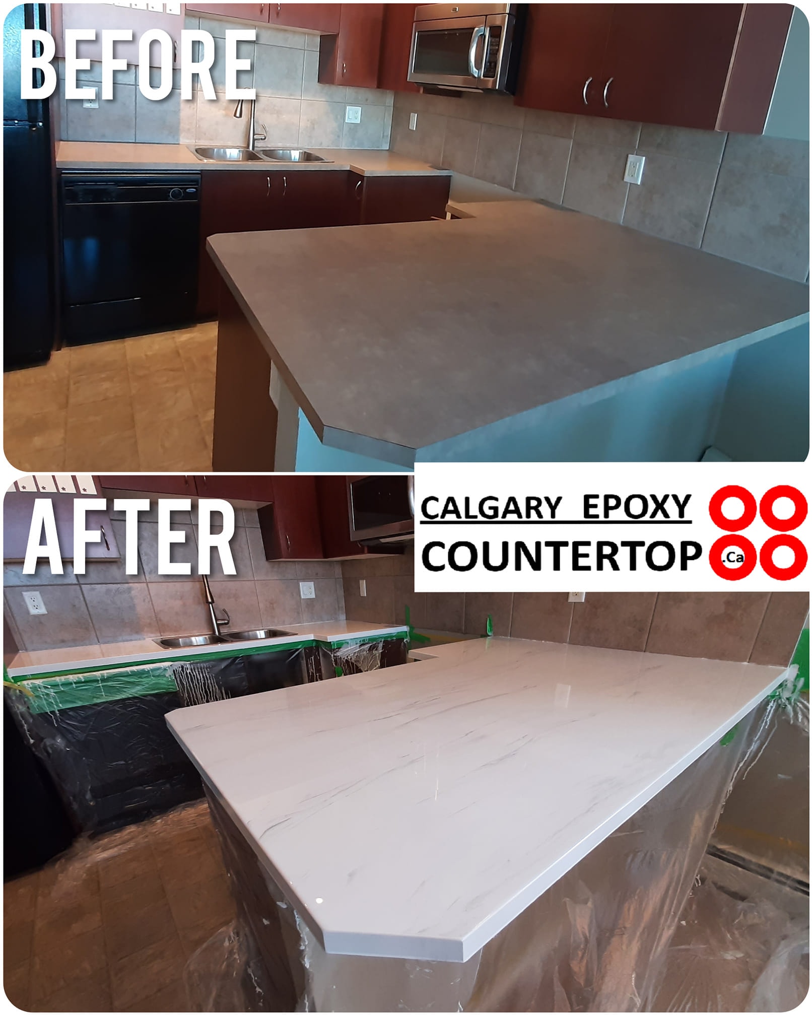 White epoxy kitchen island countertop before and after Calgary