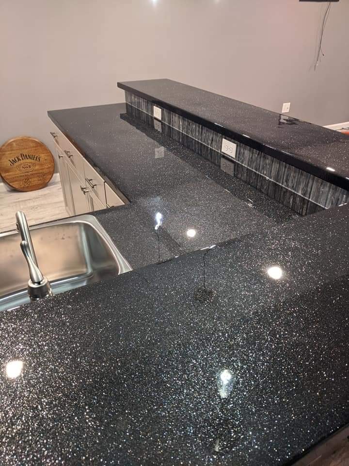 Glossy black sparkle epoxy countertop and bar Calgary