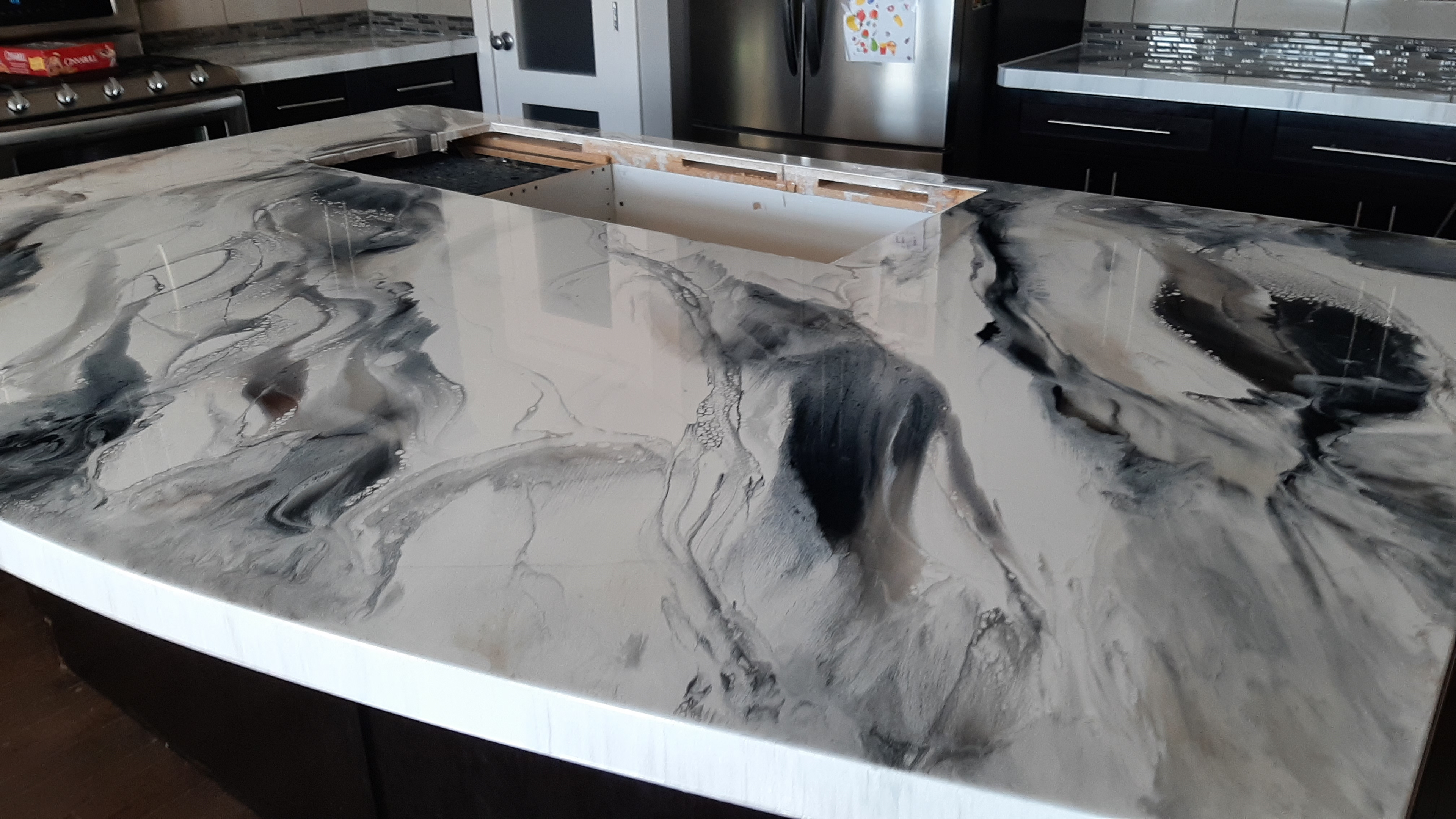 Black and white marble epoxy kitchen island Calgary